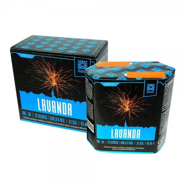 Lavanda - 13 Schuss Feuerwerk mit großen Goldpalmen und violetten Spitzen