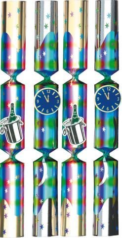 4 tolle, 22 cm lange Knallbonbons mit Uhr und Sektflaschen Symbolen