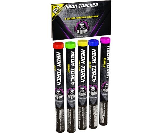 Neon Torchez - 5 bunte Fackeln mit Übergang zu Goldfontäne.